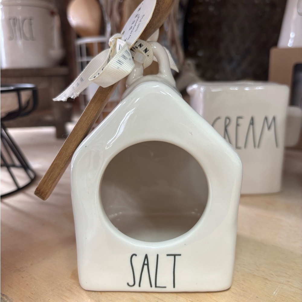 White Ceramic Salt Cellar with Wooden Spoon - Rae Dunn